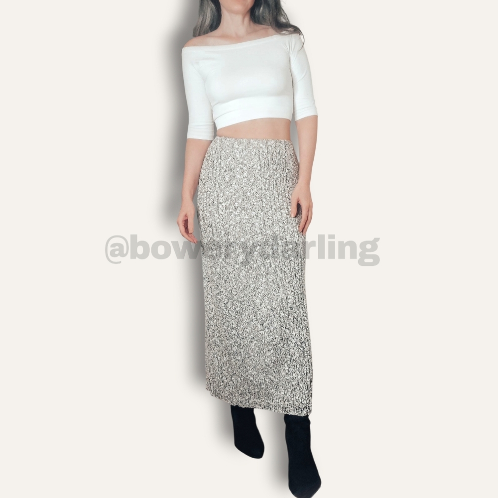 90s Cotton Blend Knit Column Skirt - Grey & Cream (S)